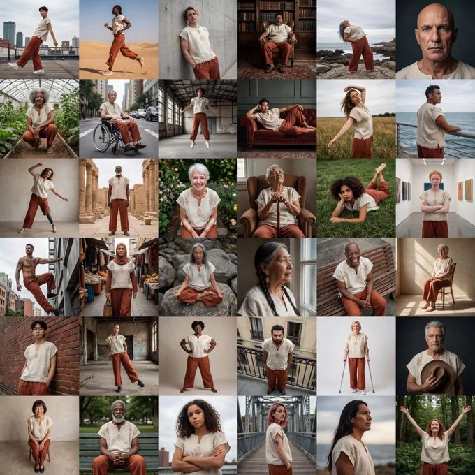 36 different portraits of people wearing the same outfit