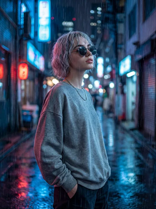 Hyper-realistic movie portrait in a neon-lit alley on a rainy night