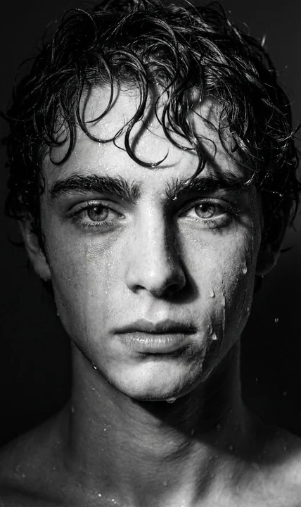 Dramatic black and white portrait in heavy rain