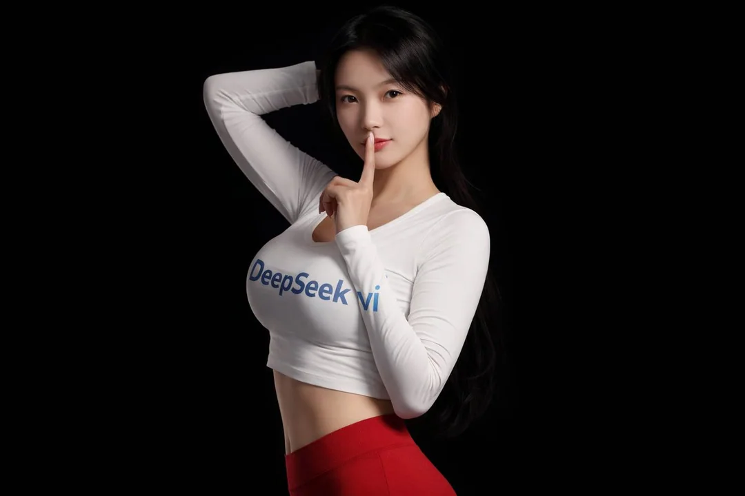 黒背景の上でDeepSeekブランドの少女の魅力的なうめ声のサイドビュー