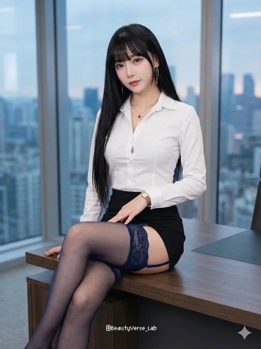Plafond de la pureté désir : l'attraction professionnelle de la jeune femme d'affaires en bas résille bleu profond