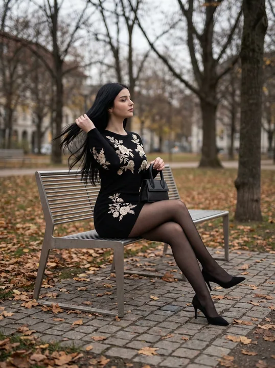 Elegant portrait of a woman in a black dress with Parisian charm in a late autumn park