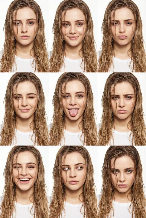 La jeune fille aux cheveux mouillés en grille minimaliste blanche à neuf cases, aux expressions de mode variées
