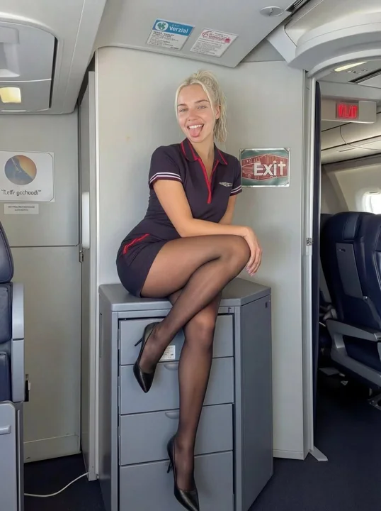 A heartwarming moment of a playful flight attendant sticking out her tongue cutely at 10,000 meters in the air