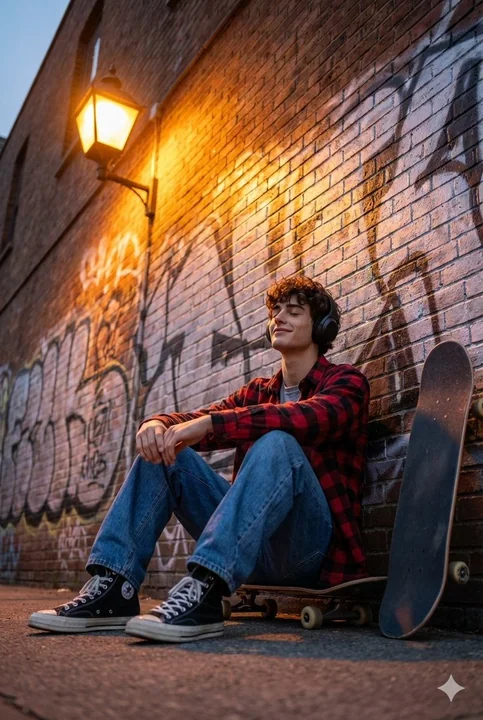 A skateboard boy immersed in music with his eyes closed under the warm light of dusk