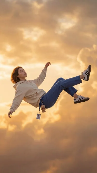 Une belle jeune fille en chute libre au milieu d’une mer de nuages au crépuscule