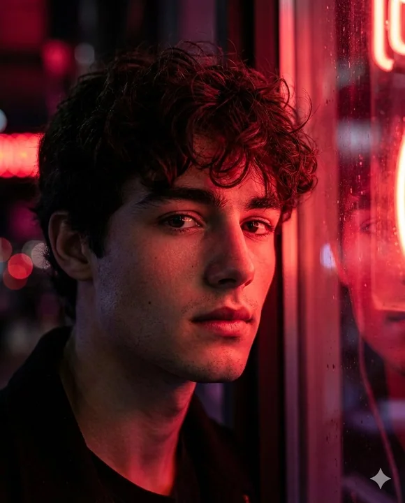 A hyper-realistic portrait of deep eyes under red neon light and shadow
