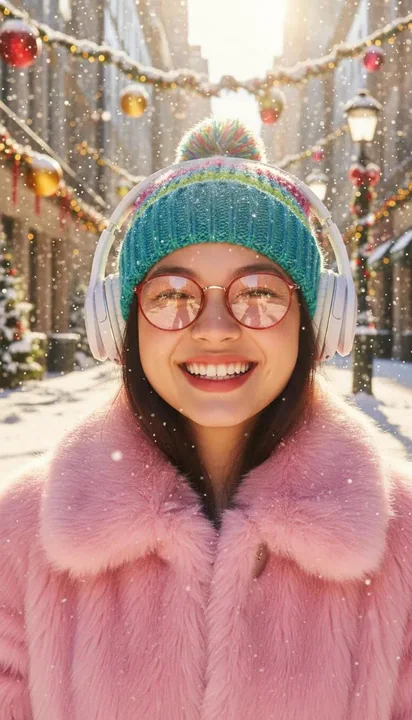 漫天飞雪中，身着粉色裘衣的微笑少女