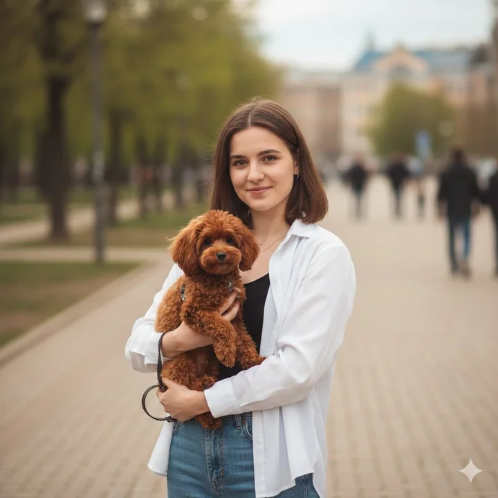 An urban fresh-faced young woman hugging a reddish-brown poodle