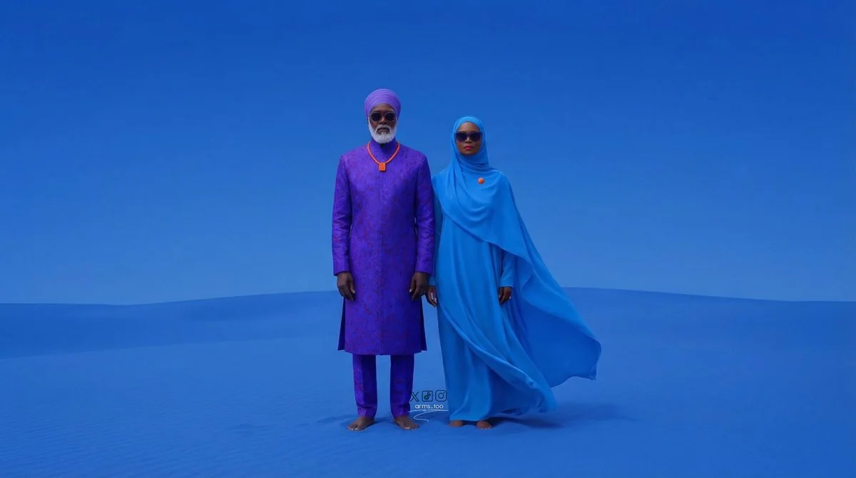 شيخ أفريقي مستقبلي يقف تحت أفق أزرق كوبالت في صحراء صامتة