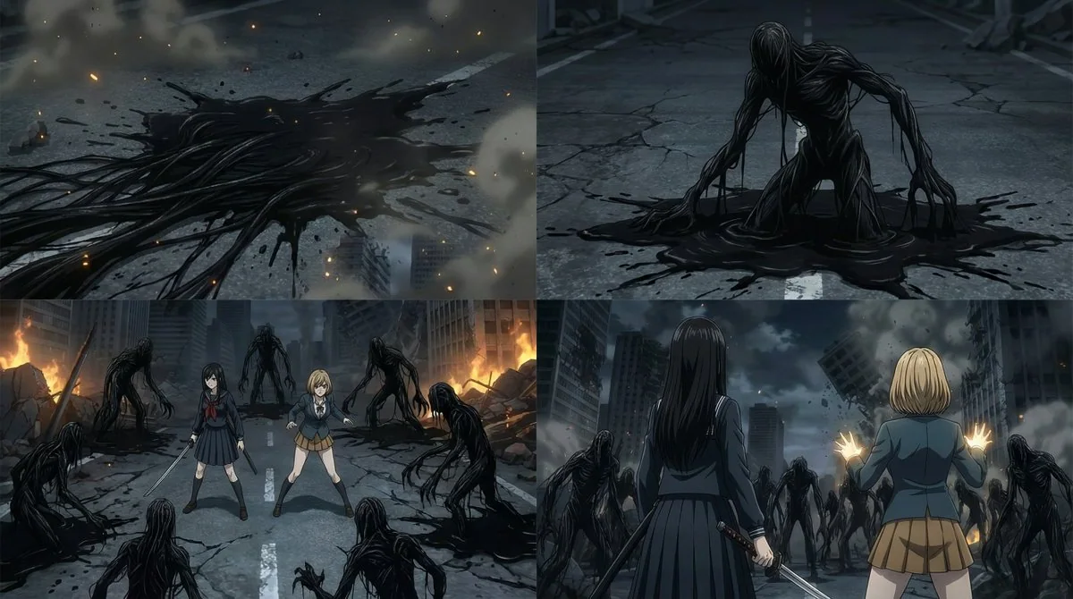 深夜の都市で、黒い液体の怪物に包囲された刀を抜く少女、激戦前夜