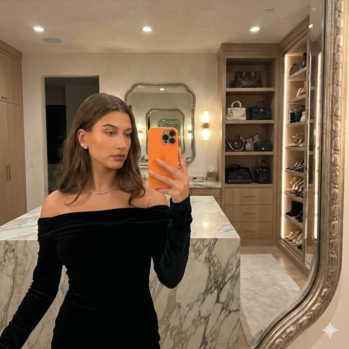 Autoportrait dans le miroir d’un mannequin glaciale en veste en cuir à franges dans un hôtel de luxe