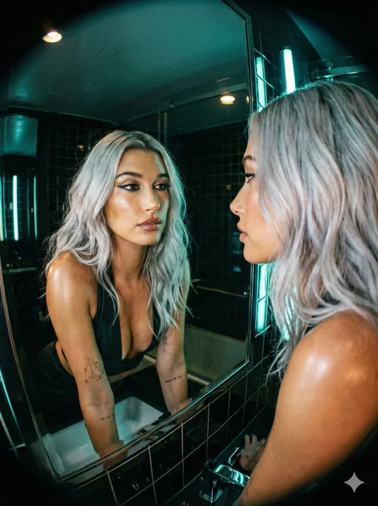 A silver-haired girl with a retro film texture interwoven with neon light and shadow