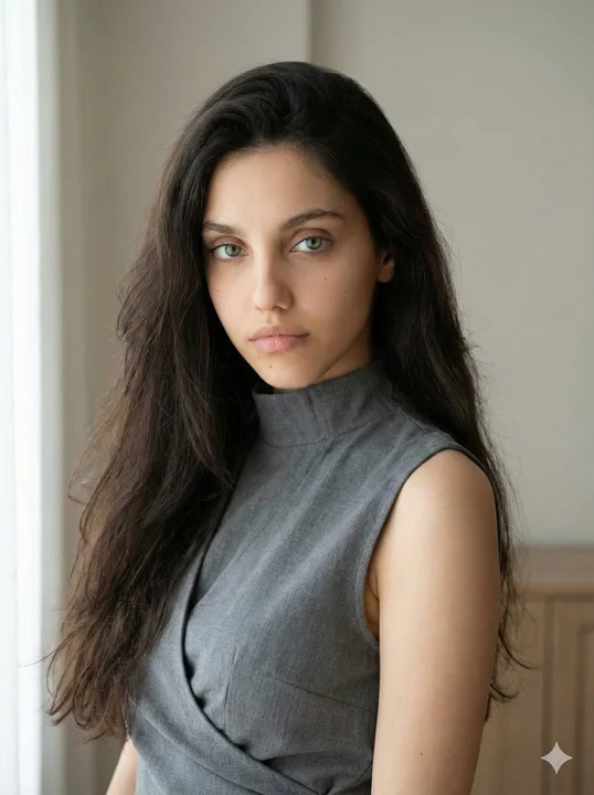 A modern minimalist fashion portrait featuring captivating green eyes and sophisticated gray tones