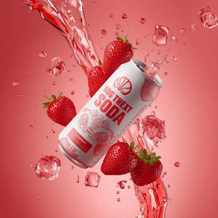 Soda à la fraise onirique en apesanteur, produit surréaliste en lévitation