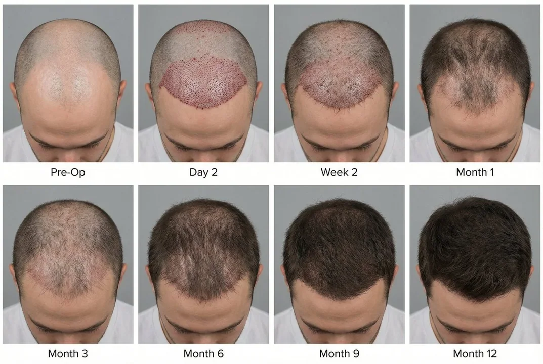 Photos montrant les changements après un an de greffe de cheveux