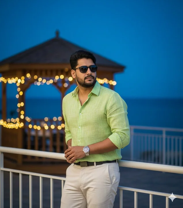 A luxurious gentleman’s portrait on a seaside balcony at blue hour