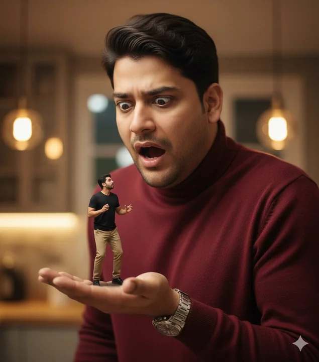 Miniature self-confrontation atop a surreal giant hand