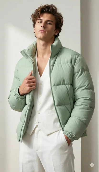 极简影棚 浅绿色羽绒服 高冷男模 时尚大片