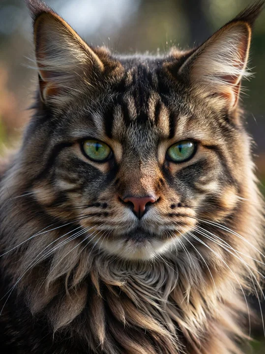 Gros plan d’un chat Maine Coon aux yeux verts ultra-réaliste avec des détails de pelage d’une finesse extrême