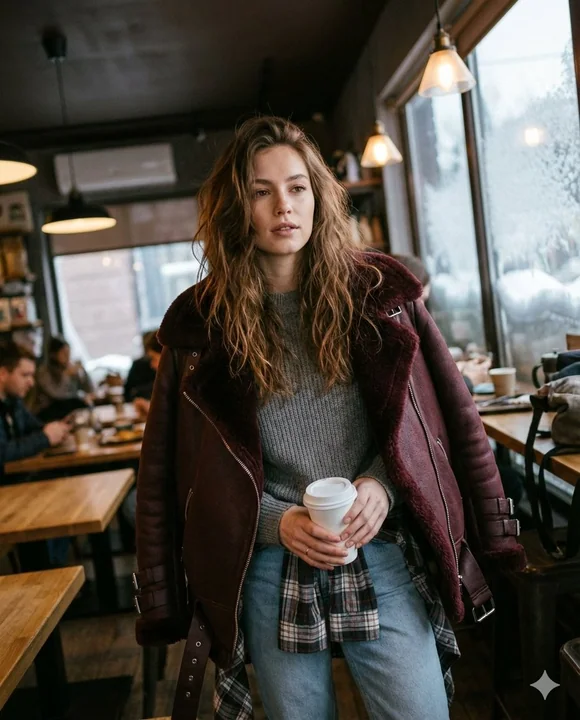 Jeune fille en blouson aviateur bordeaux dans un café en hiver