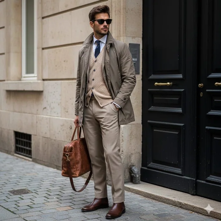 A fashion-forward cinematic editorial of a stylish man in a trench coat on a European street