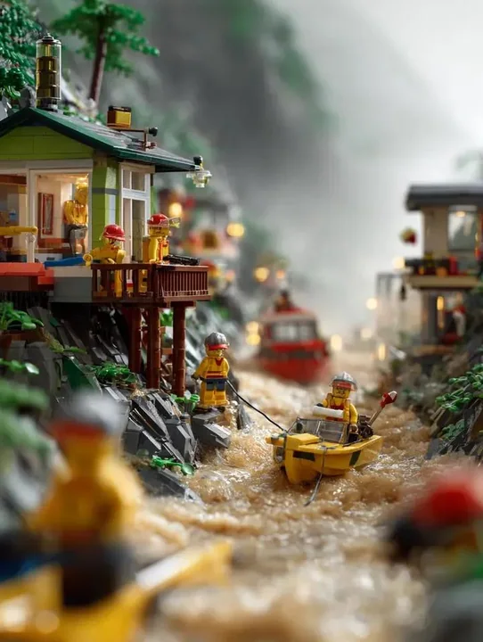 Scène spectaculaire de sauvetage lors d'une crue torrentielle construite en briques Lego