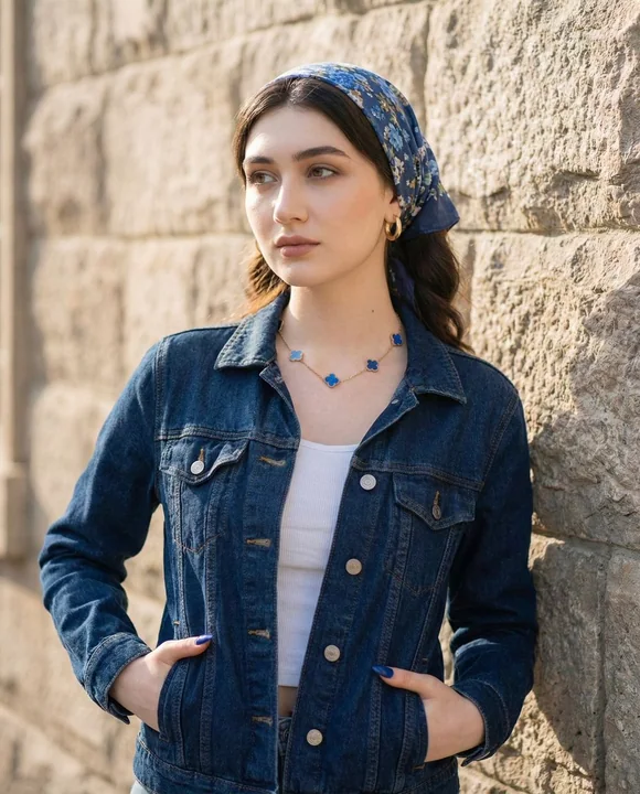 A stylish close-up of a retro denim-clad girl lightly adjusting her sunglasses