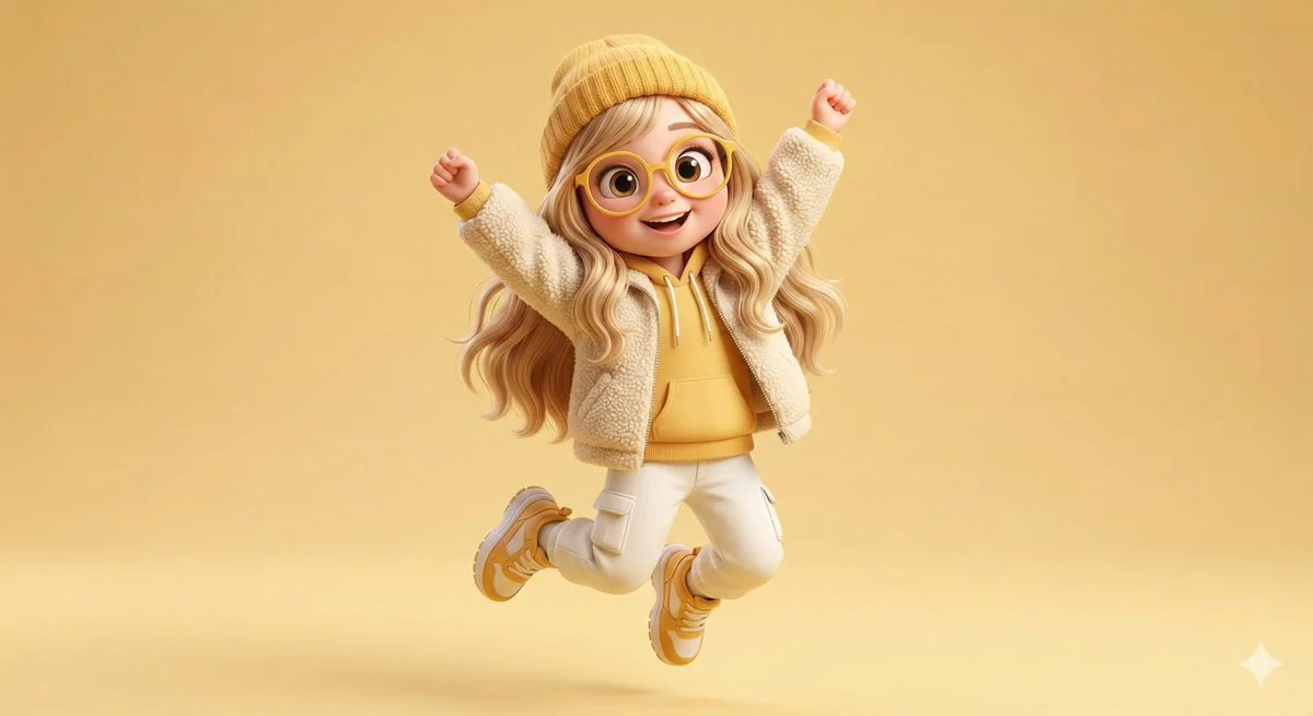 A lively jumping moment of a sunshine girl in Pixar style