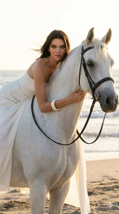 At dusk by the seaside, a beautiful, touching moment of a fairy in white affectionately embracing a white horse