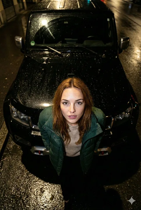A cool, glamorous flash-lit portrait beside a black SUV at night