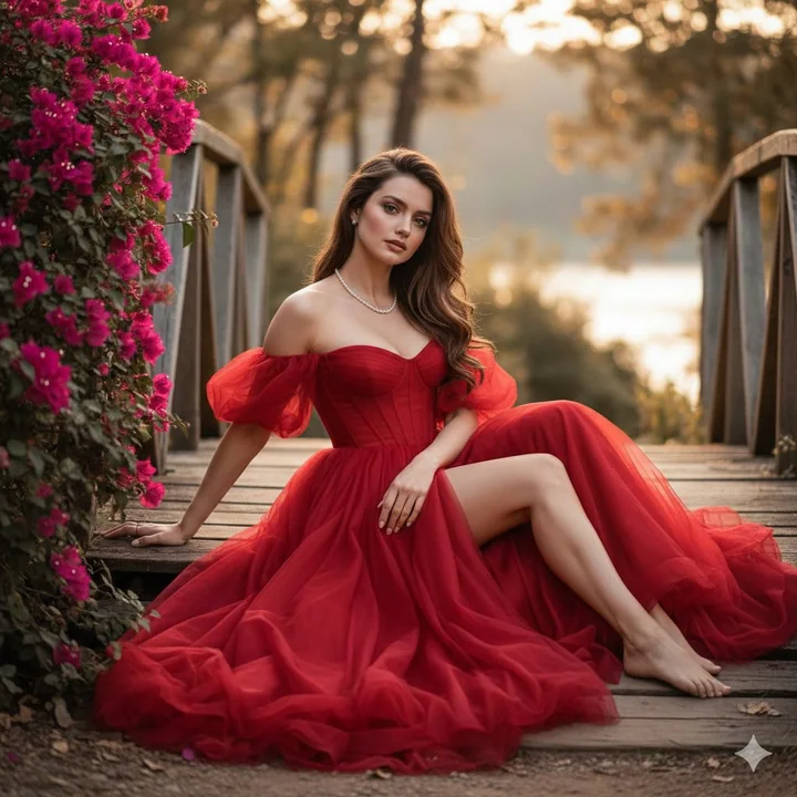 暖かな陽だまりと花の影の下、赤いドレスの女神が木橋で撮影された写真