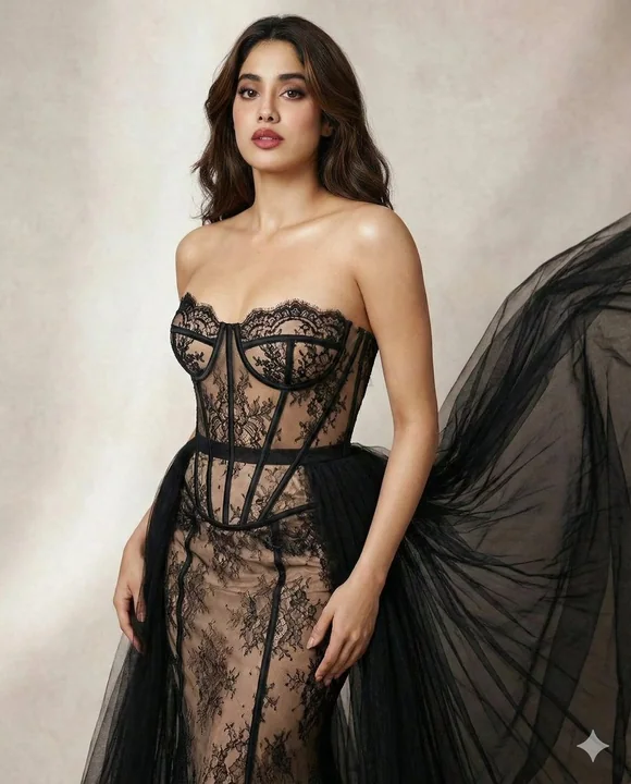 High-end custom fantasy black lace sheer evening gown editorial