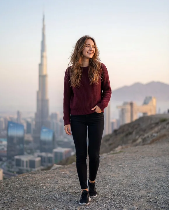 Portrait lumineux et apaisant d’une personne en pull marron sous la Burj Khalifa