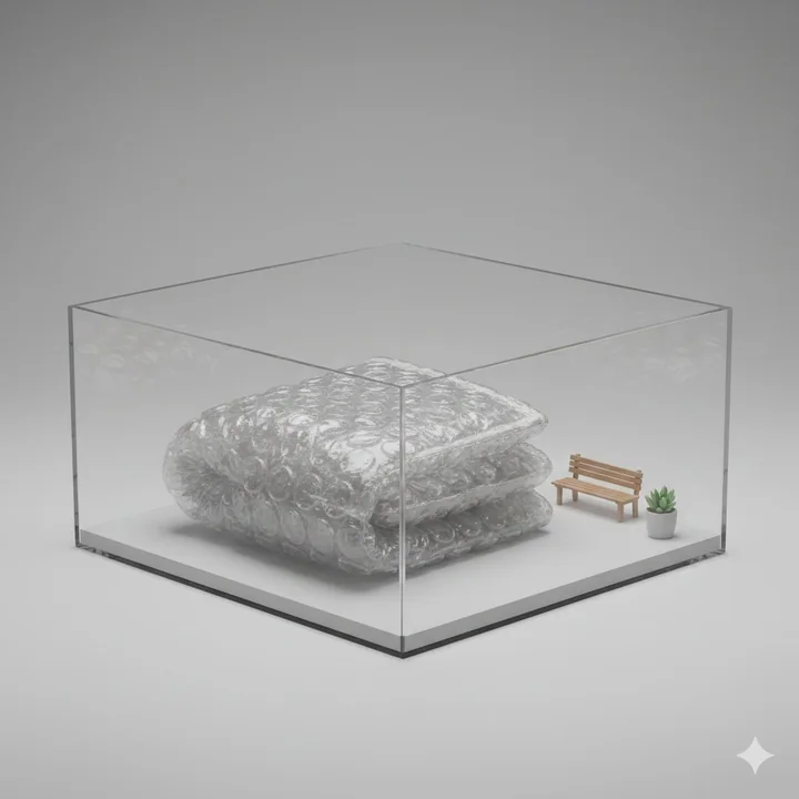Mode artistique de téléphone à la mode avec film de bulles transparent dans un monde miniature 3D
