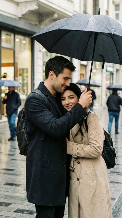 A realistic moment of a couple sharing an umbrella in the rainy alleys of Istanbul.