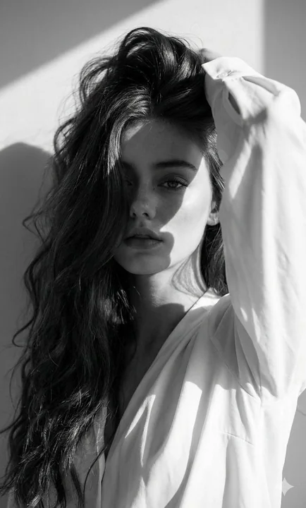 Portrait de mode noir et blanc de niveau couverture de magazine sous une lumière intense aux ombres dures