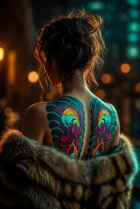 الظهر الجميل المغطى بالرسومات اليابانية والفراء الفاخر تحت لون霓虹夜色