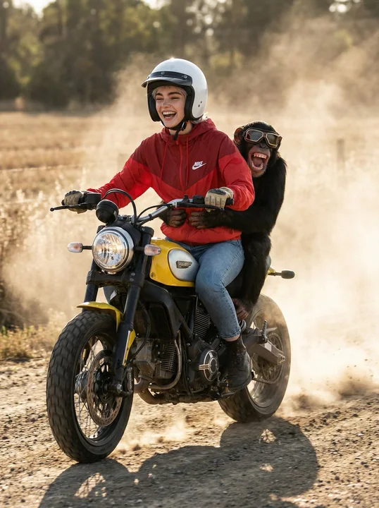 Woman speeding with a chimpanzee through a dusty road at dusk