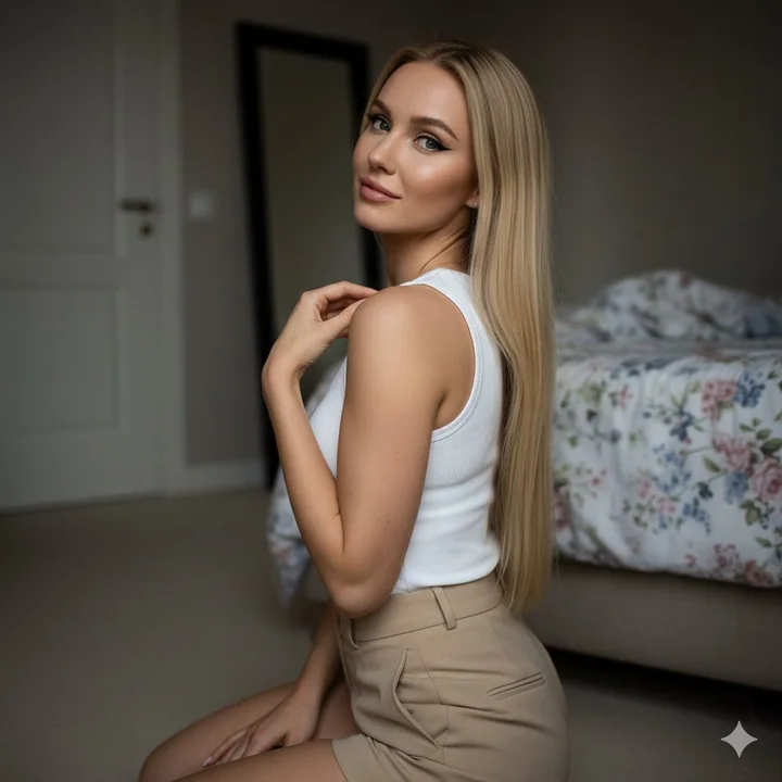 L'instant tendre d'une jeune fille blonde genou en terre dans une chambre sombre, se retournant.