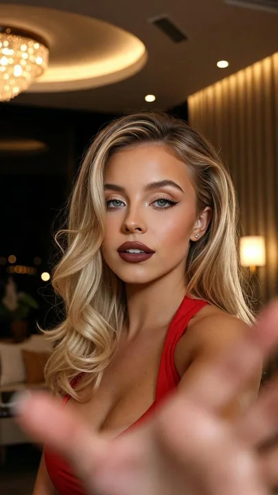 Blonde, red-dressed, sexy celebrity under a luxurious night view