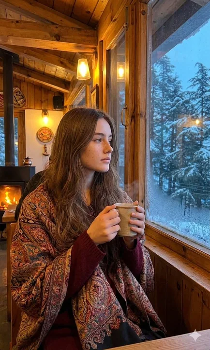 A young girl in a cozy café under the warm light of the Simla frost window