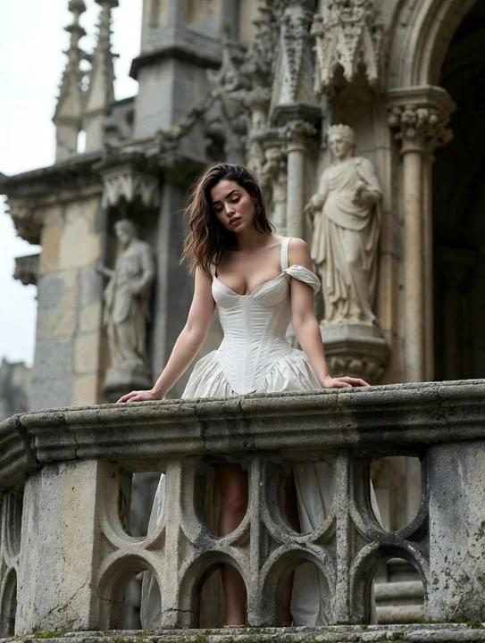 Femme en blanc triste appuyée sur la rambarde d'un château gothique, ambiance film grand format
