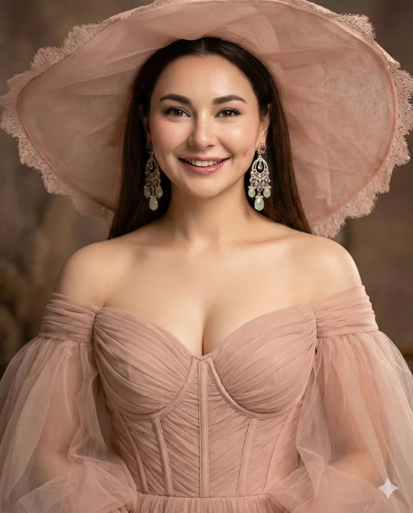 A luxurious nude-pink fashion editorial featuring a wide-brimmed hat and puff sleeves