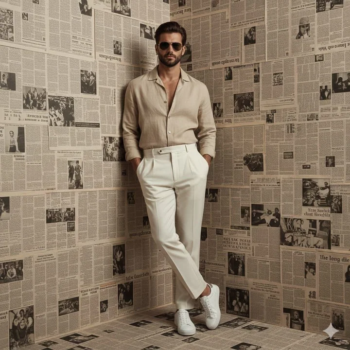 Un cliché de mode élégant d'un gentleman distingué devant un mur décoré de journaux anciens.