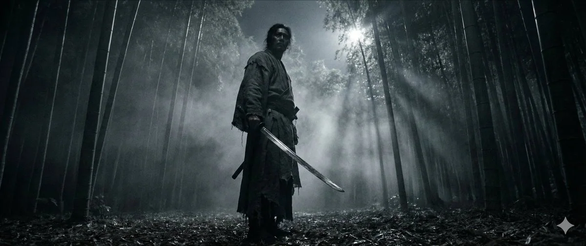 The lonely swordsman moment of drawing a sword in a bamboo forest during a sandstorm