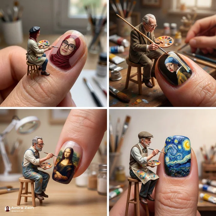 Miniature artists paint on giant human fingernails.