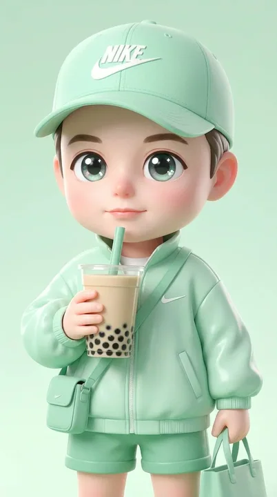 Adorable fille chibi de style Pixar, sportive, en vert menthe