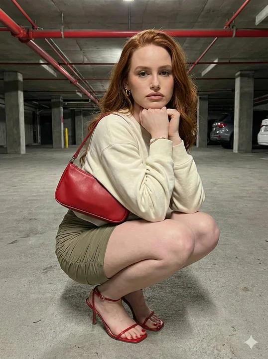 Street-style photo of a fashionable red-haired girl in an industrial-style parking lot