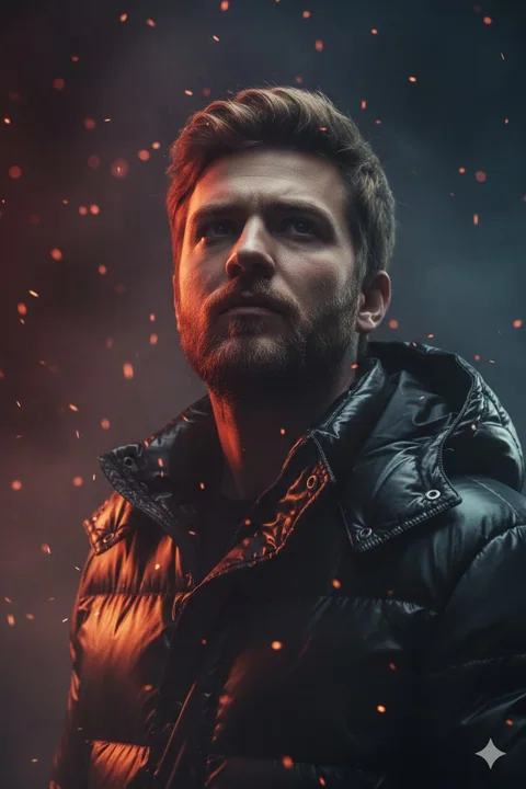 Movie-style tough guy portrait with flames and smoke swirling